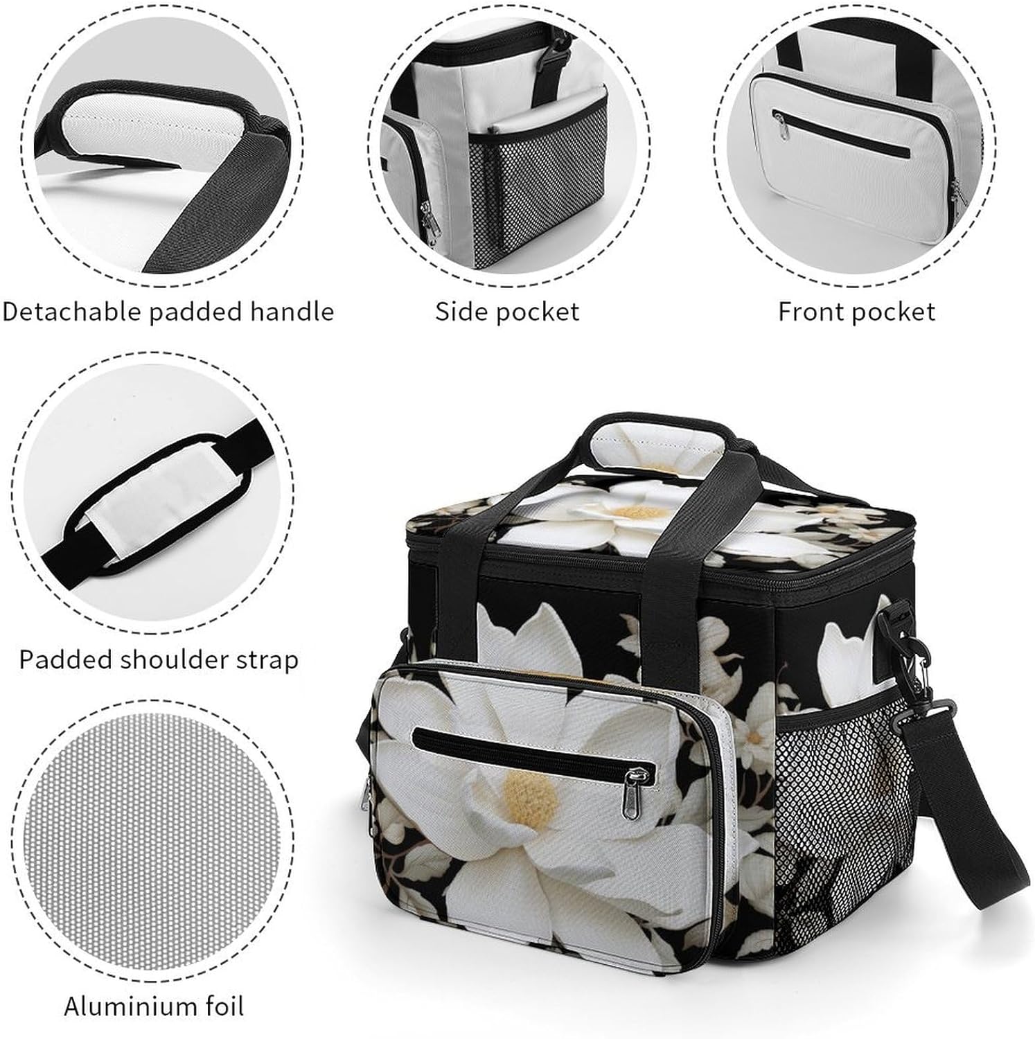 Large-Capacity Oxford Cloth White Floral Printed Camping Ice Bag, Outdoor Portable Insulation and Cold Storage Bag, Enjoy A Cool Camping Time