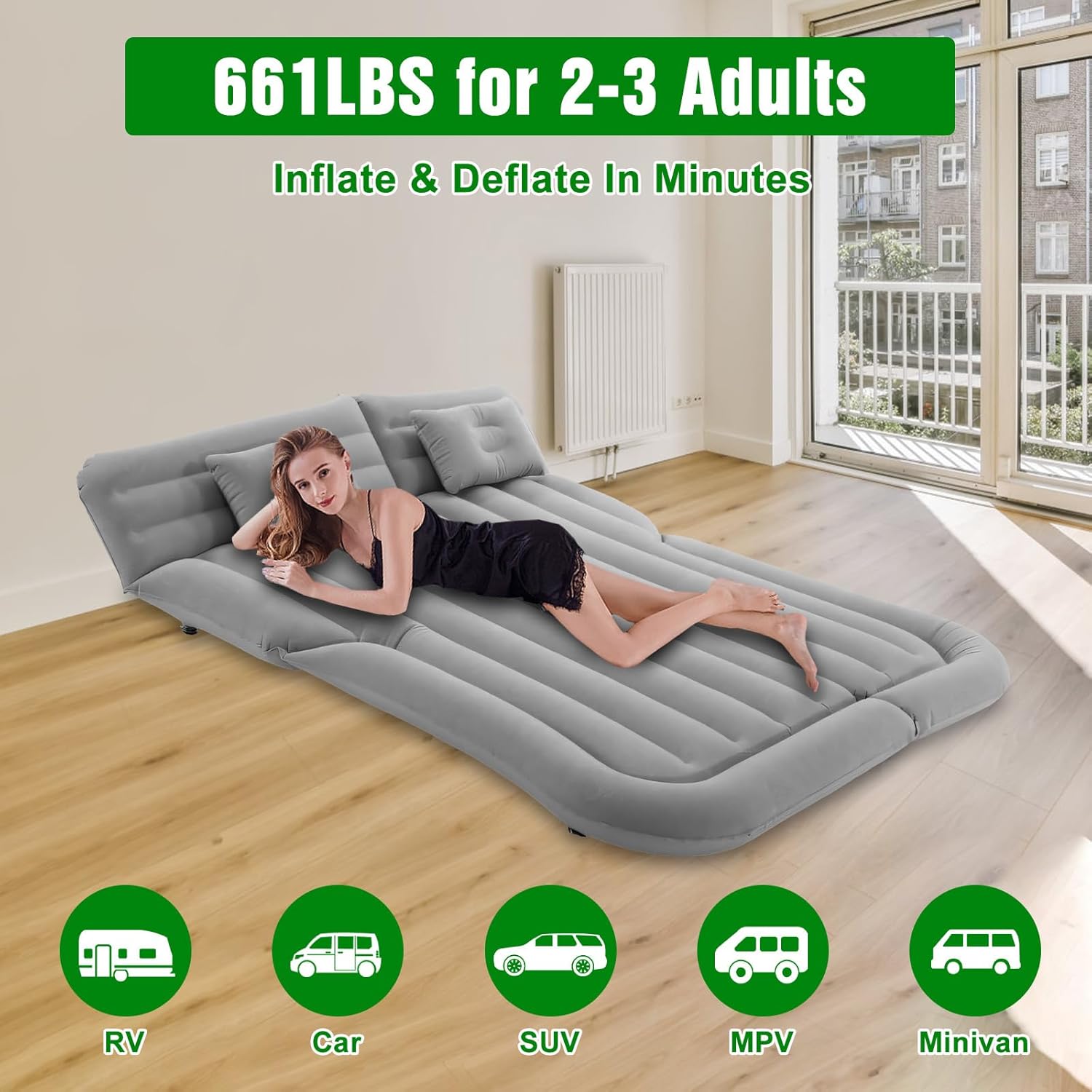 Suv Air Mattress, Car Mattress, Truck Bed Mattress, Car Camping Mattress with 6 Separate Chambers, Inflatable Car Bed with 2 Pillows & Electric Pump, Thickened and Double-Sided Flocking (Grey)