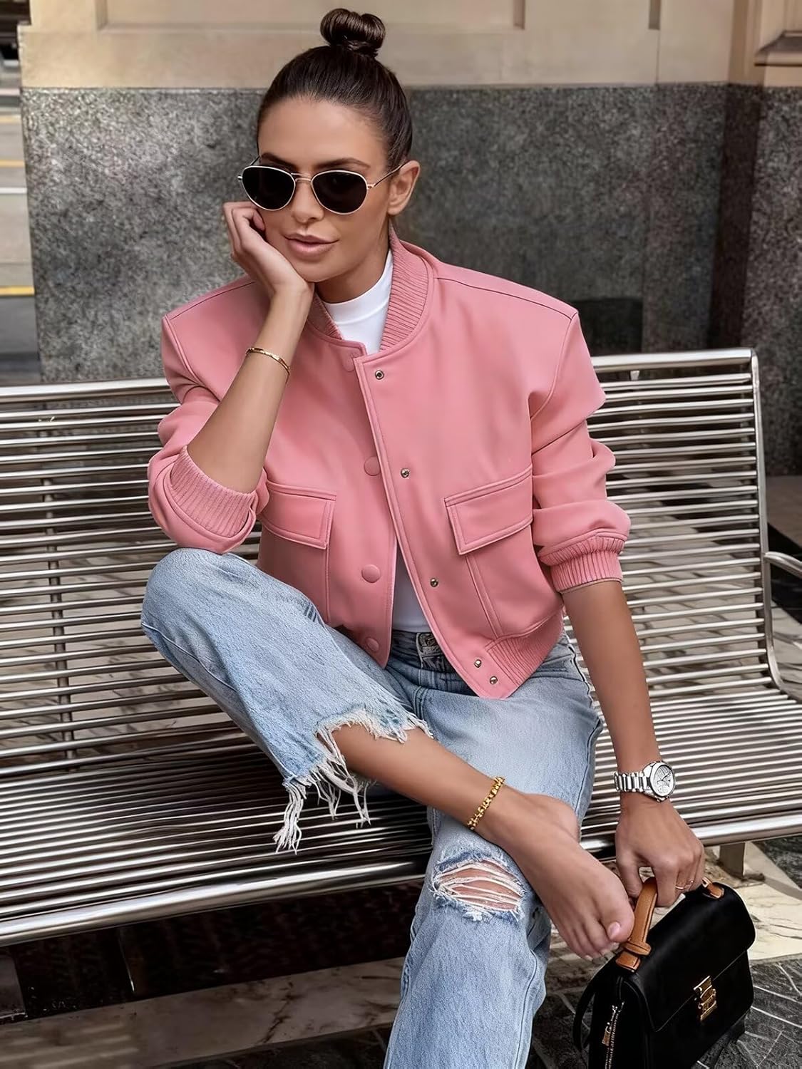 imbpceu Women Bomber Jacket Casual Long Sleeve Button Down Varsity Jackets with Pockets - Image 4