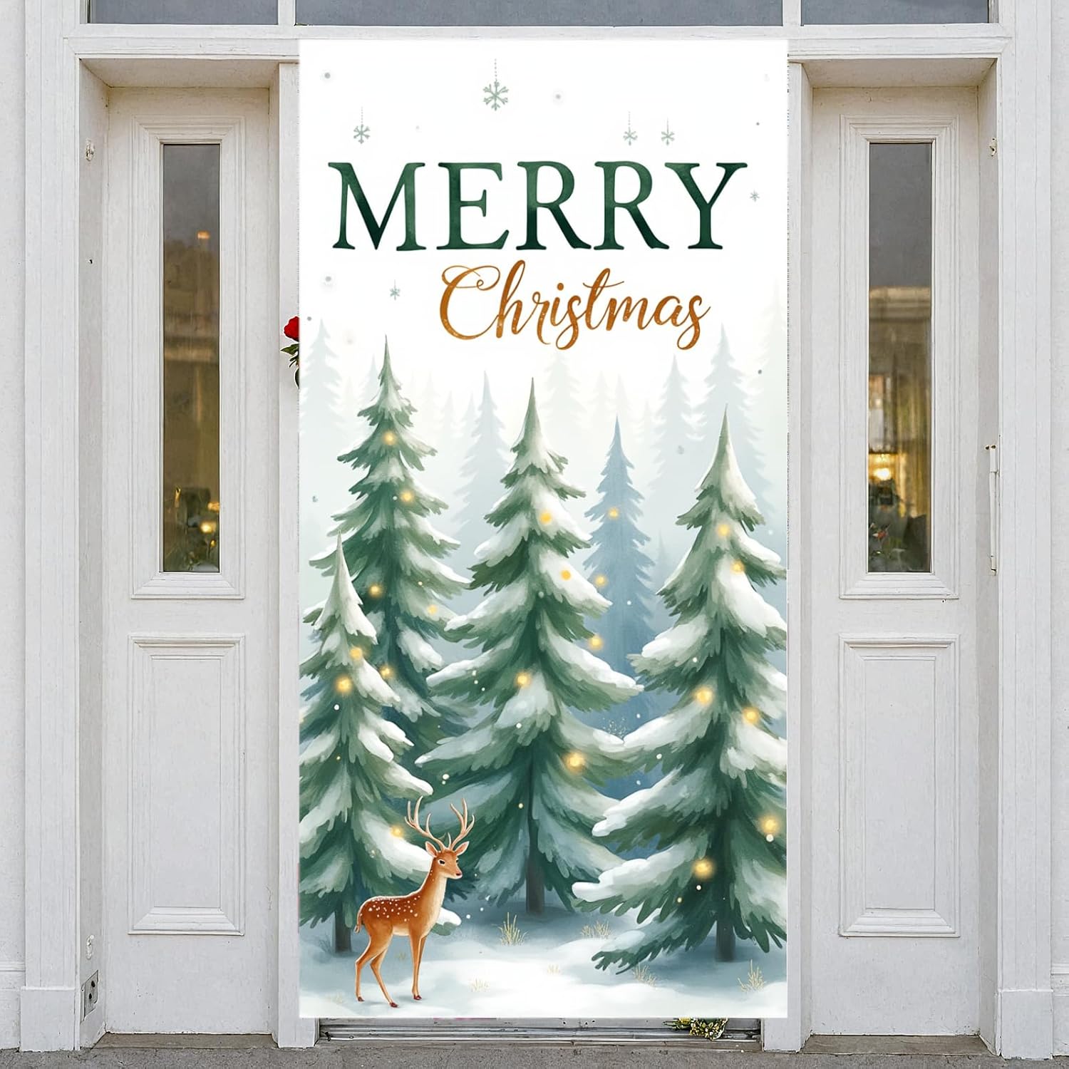 Merry Christmas Door Cover Christmas Tree Front Door Cover White Snow Elk Xmas Door Decorations Xmas Door Banner Sign Party Supplies Photo Booth Props for Indoor Outdoor Wall Home Holiday Winter