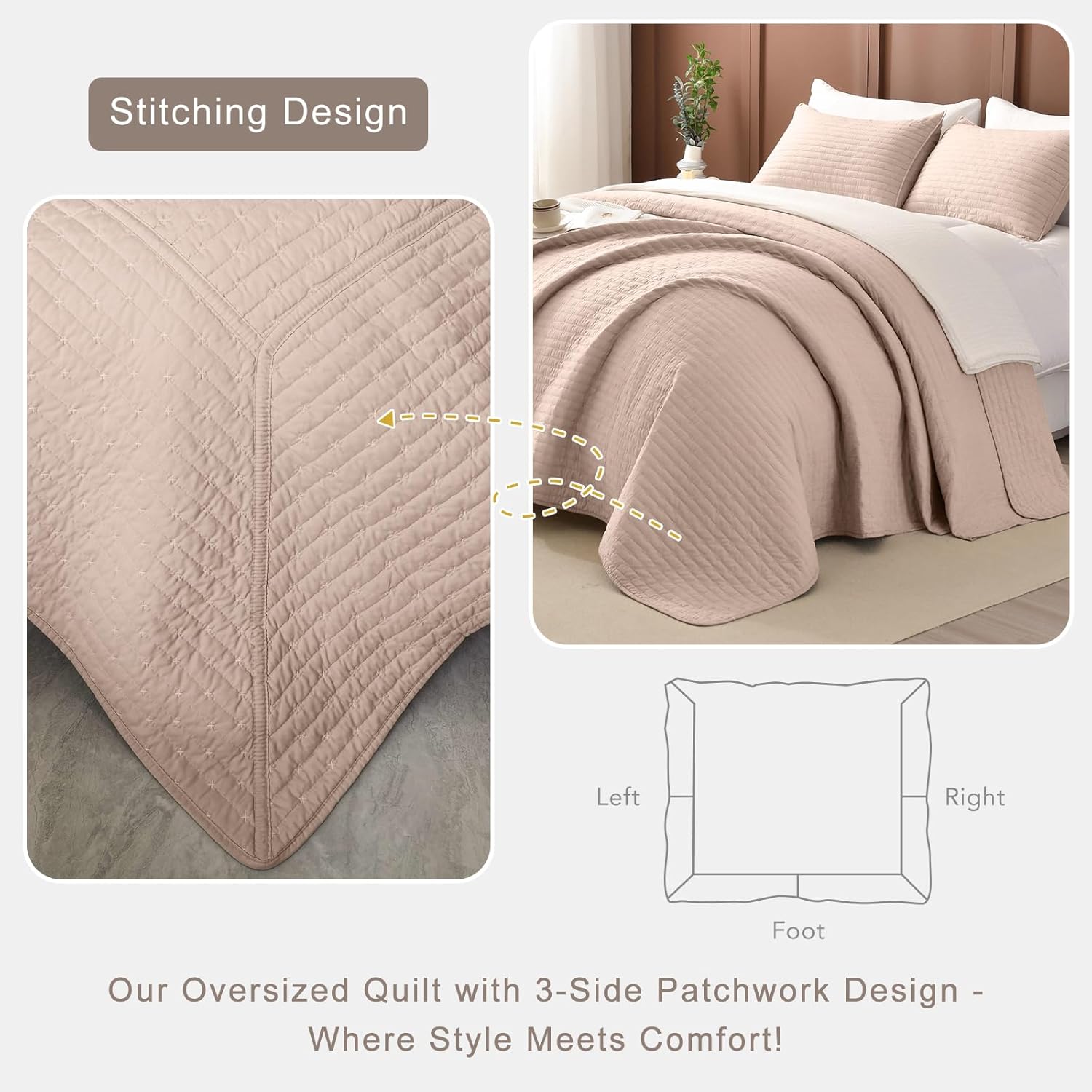 Lady Ann Oversized King Bedspread 128x120 Extra Large Quilt, 3 Pcs Camel Oversized King Quilt Set for Bed, Lightweight & Soft Farmhouse Coverlet All Season Extra Large Quilted Bedding Sets - Image 4