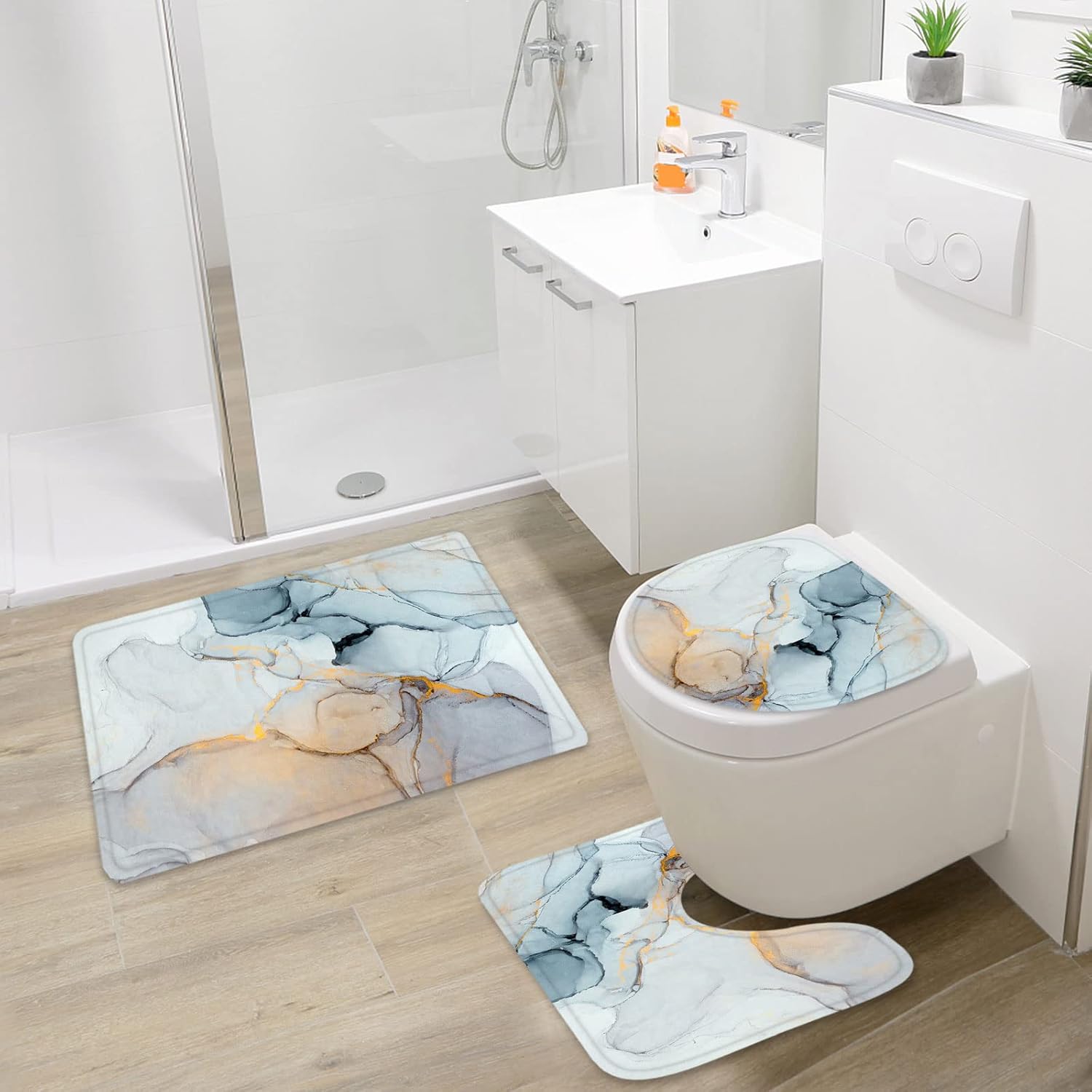Gibelle 4 Pcs Bathroom Shower Curtain Set with Non-Slip Rugs, Toilet Lid Cover and Bath Mat, Grey Blue Marble Bathroom Decor Set with Shower Curtain and Rugs and Accessories
