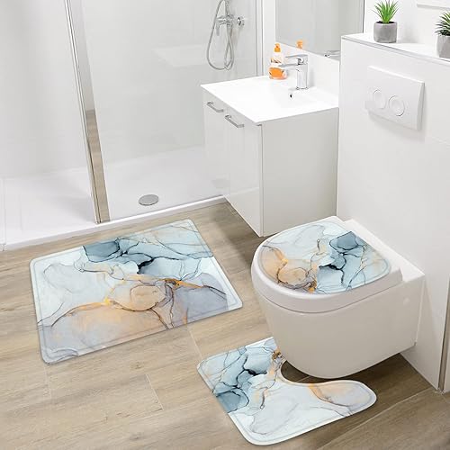 Miniatura 39 de Gibelle Juego de 4 cortinas de ducha de baño con alfombras antideslizantes, cubierta para tapa de inodoro y tapete de baño, juego de decoración