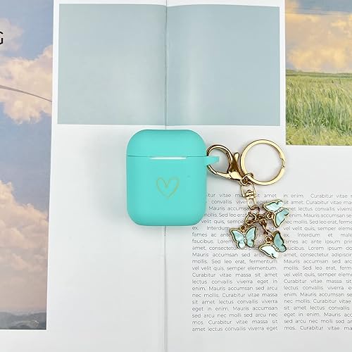 Miniatura 5 de Funda compatible con AirPods, funda de silicona suave con patrón de corazón dorado para AirPods de 2 y 1 generación con bonito llavero de mariposa