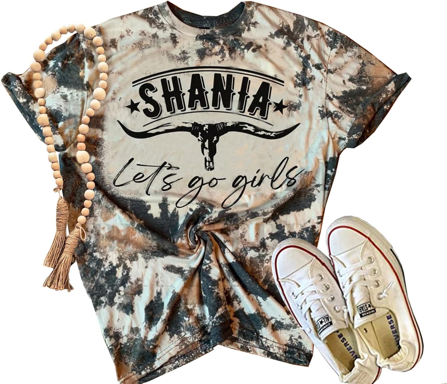 Retro Western Bull Skull Cow Hide Bleached Shirt Women Country Music Shirt Cute Cattle Skull Graphic Rodeo Cowboy Tops