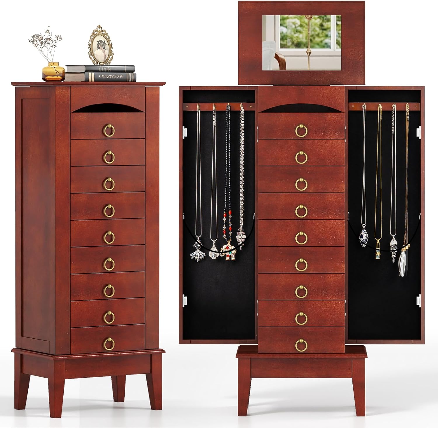 Giantex Standing Jewelry Cabinet with 9 Drawers, Flip Top Mirror, 2 Side Doors with Necklace Hooks, Top Divided Tray with Ring Slots, Velvet-Lined Jewelry Armoire Organizer Storage Chest, Cherry