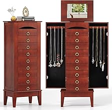 Giantex Standing Jewelry Cabinet with 9 Drawers, Flip Top Mirror, 2 Side Doors with Necklace Hooks, Top Divided Tray with Ring Slots, Velvet-Lined Jewelry Armoire Organizer Storage Chest, Cherry