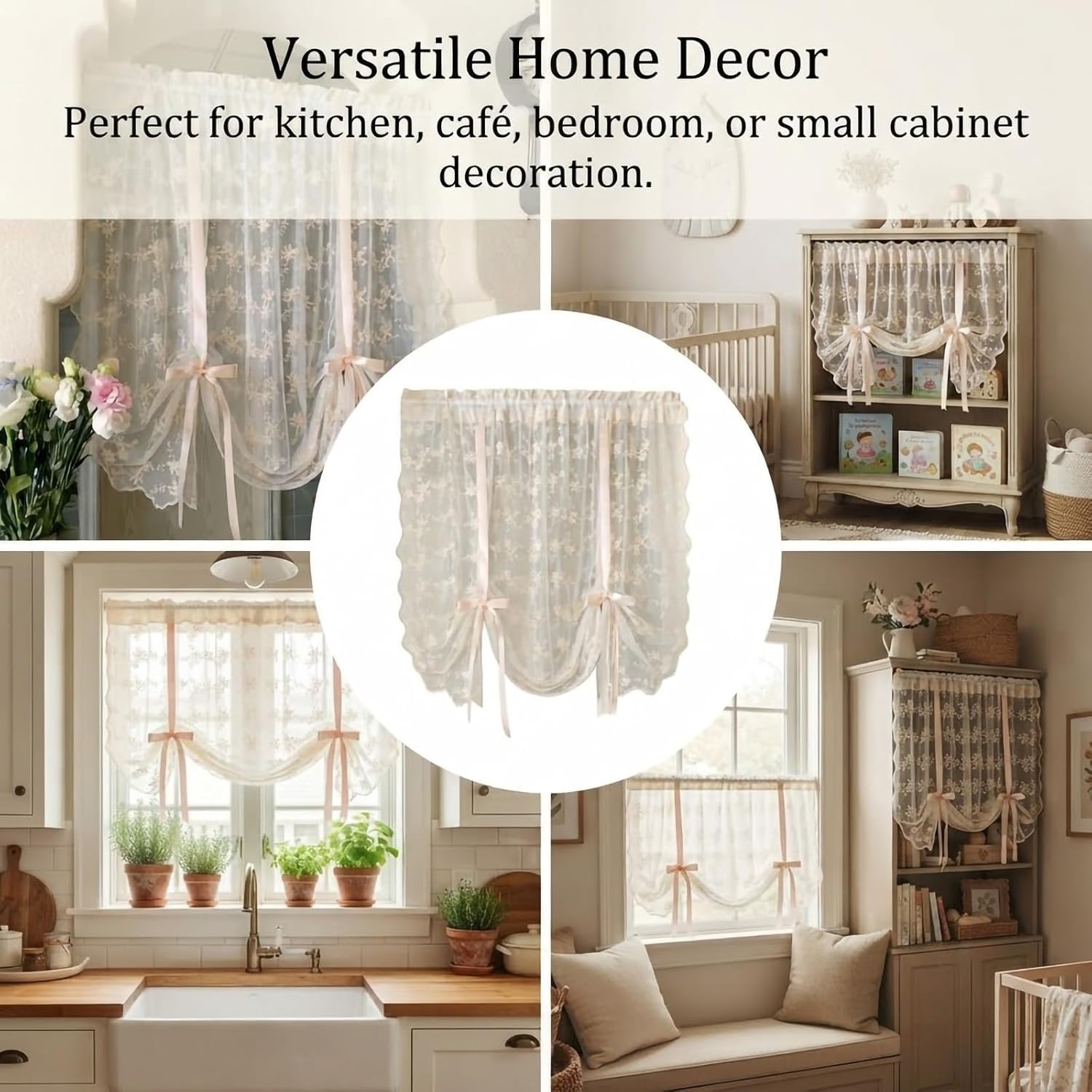 Vintage Lace Curtains,Floral Embroidery Sheer Tie Up Balloon Curtain