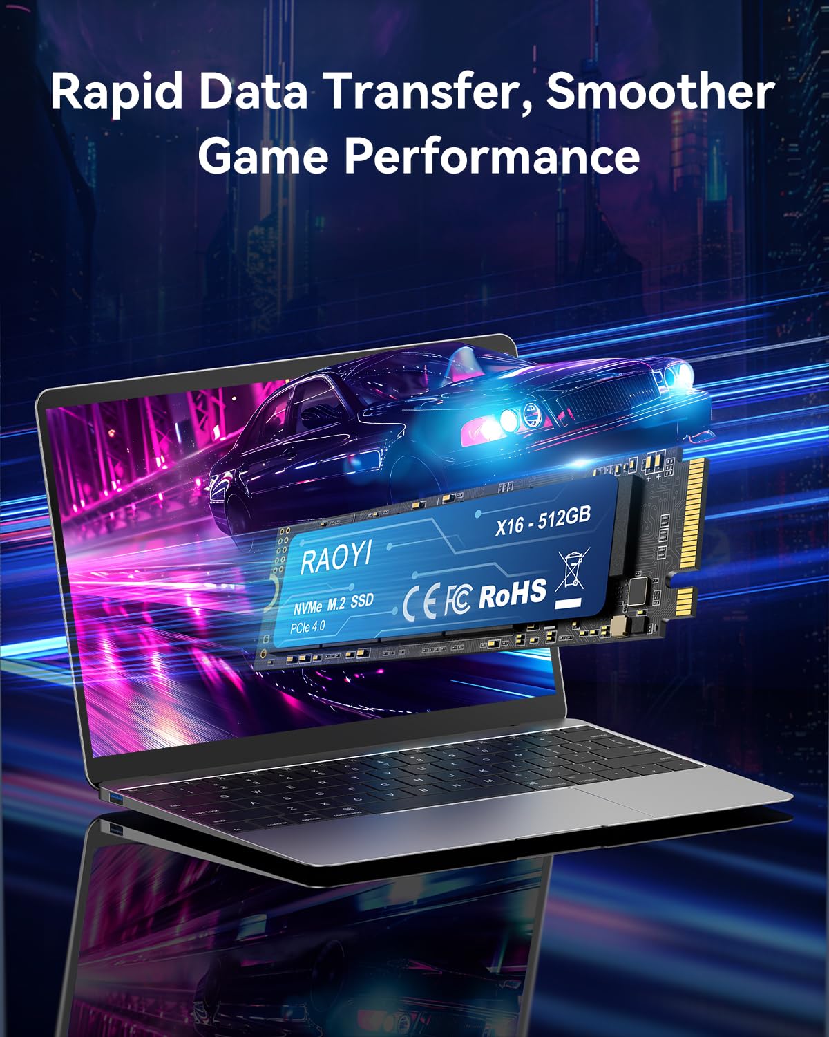 RAOYI Unità a stato solido interna NVMe da 512 GB M.2 2280 PCIe Gen4x4 SSD, fino a 5000 MB/s, configurazione cache SLC, archiviazione ed espansione di memoria per desktop laptop PS5