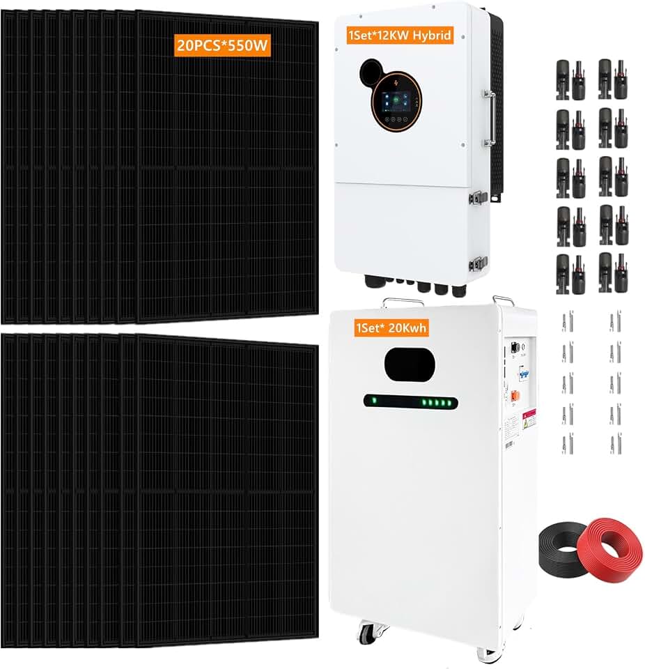 20KWH Hybrid Solar Power System Complete Kit 20PCS*550W Solar Panel (11KW) + 1Sets*48V 12KW Hybrid Inverter Split Phase Inverter Built in MPPT+ 1Sets*51.2V 406Ah 20kwh LiFePO4 Home Lithium Battery