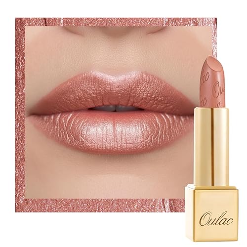 Oulac Lápiz labial nude para mujer con brillo metálico 3D fórmula hidratante ligera, color de labios de alto impacto, belleza vegana, maquillaje