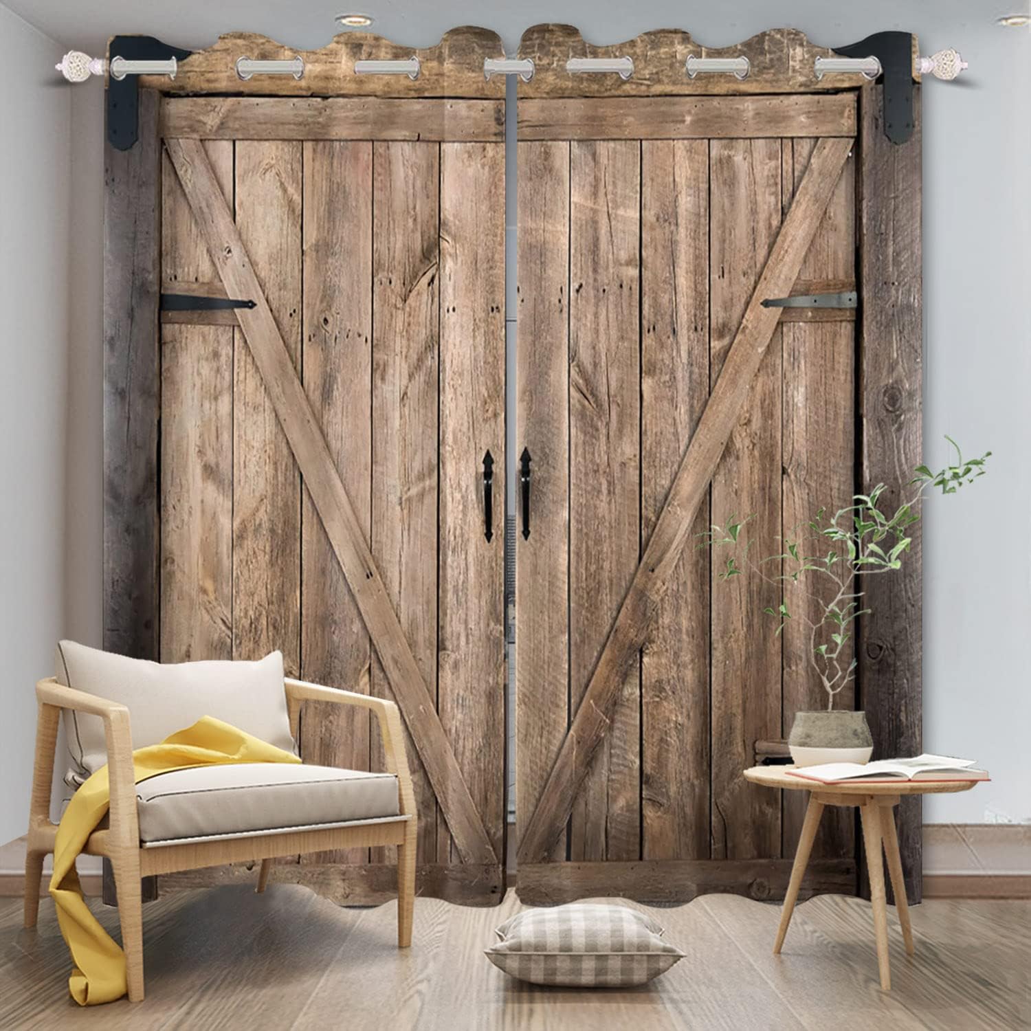 Wooden Barn Door Blackout Curtains for Living Room Decoration Rustic Farmhouse Vintage Country Garage Western Bedroom Window Drapes Treatment Fabric Set of 2 Panels, 21x45 Inch