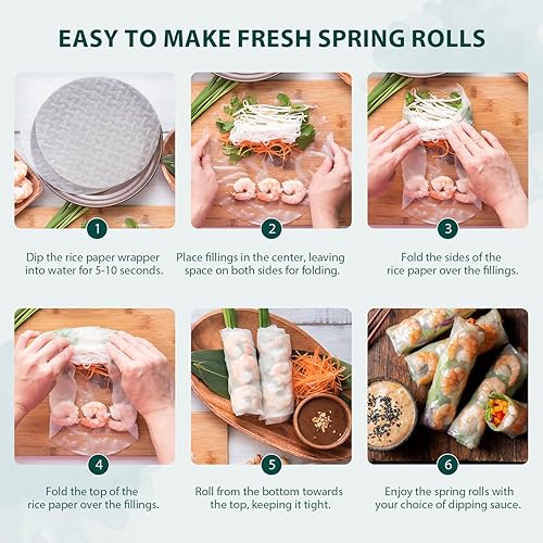 Miniatura 6 de Soeos Papel de arroz, envoltorios de papel de arroz blanco, paquete de 34 hojas, envoltorios y albóndigas de primavera frescos, sin OMG, sin gluten,