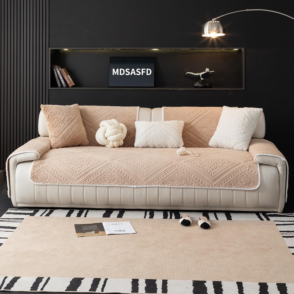 Boho Couch Cover Non Slip Sofa Cover Washable for Dogs, Sectional Couch Covers Soft, Plush Sofa Slipcover Furniture Protector Covers for L Shaped(Khaki, 36"x 94")