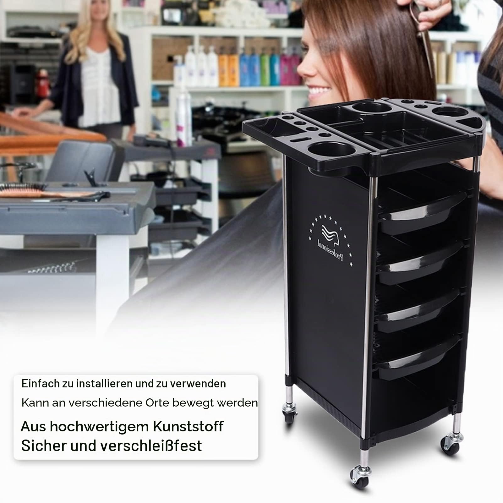 6-lagiger Aufbewahrungswagen Salon Trolleys für Friseursalon-Werkzeuge mit Rädern, Ausziehbarem Tablett, 5 Schubladen, Salon-Rollwagen für Zusätzliche Friseuraufbewahrung