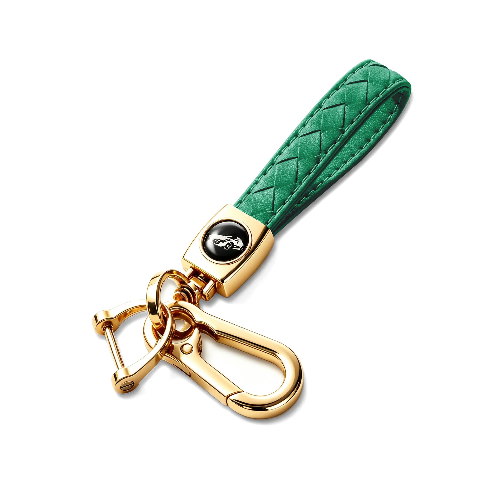 Gkeygo Carabiner Keychain, Universal Heavy Duty Woven Handmade Leather Key Chain, Car Fob Key Keychains with 360 Degree Rotatable Snap Swivel and Anti-Lost D-Ring for Men and Women,Light Gold - Green