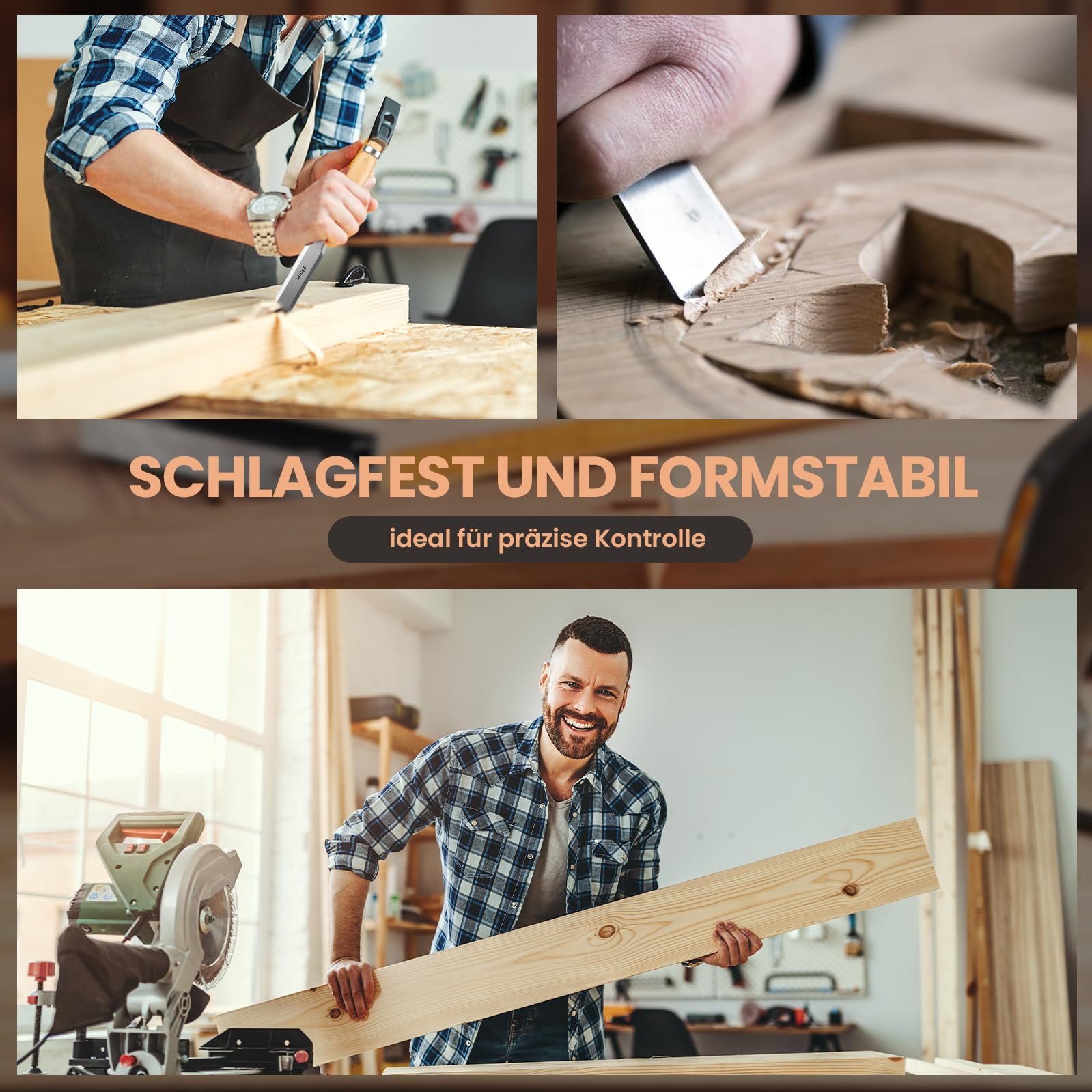 4 Tlg. Stechbeitel Set für Holz – Hochwertige Stemmeisen Holz Aus Gehärtetem Kohlenstoffstahl mit Holzgriff – Holzbearbeitungswerkzeuge für Präzises Arbeiten 6/12/18/24mm