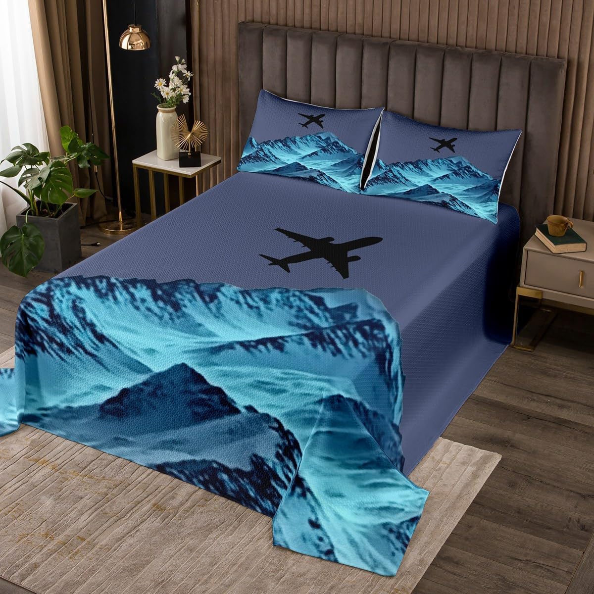 Erosebridal Snow Mountain Quilt Set for Adults Teens, Kids Airplane Queen Size Bedspread Set for Boys, Natural Landscape Theme Coverlet Set Mountain Scenery Print Bed Set