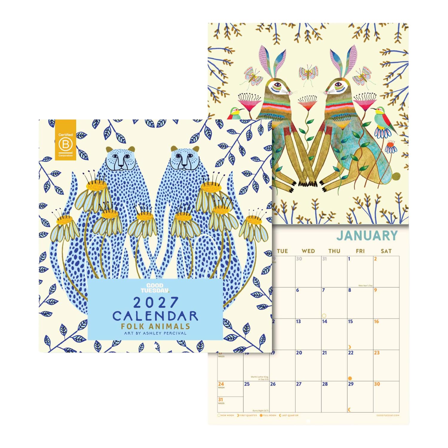 Good Tuesday 2027 Wall Calendar, Folk Animals by Ashley Percival, 30x60 cm
