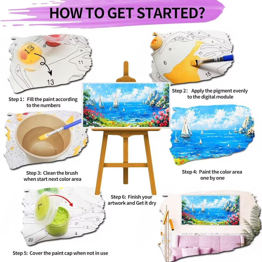 Wanziho Malen Nach Zahlen Erwachsene Meer Paint by Numbers, DIY Malen Nach Zahlen Blume, mit Pinseln und Acrylfarben Handgemalt Ölgemälde Leinwand für Home Decorr, Ohne Rahmen 60x120cm P-n
