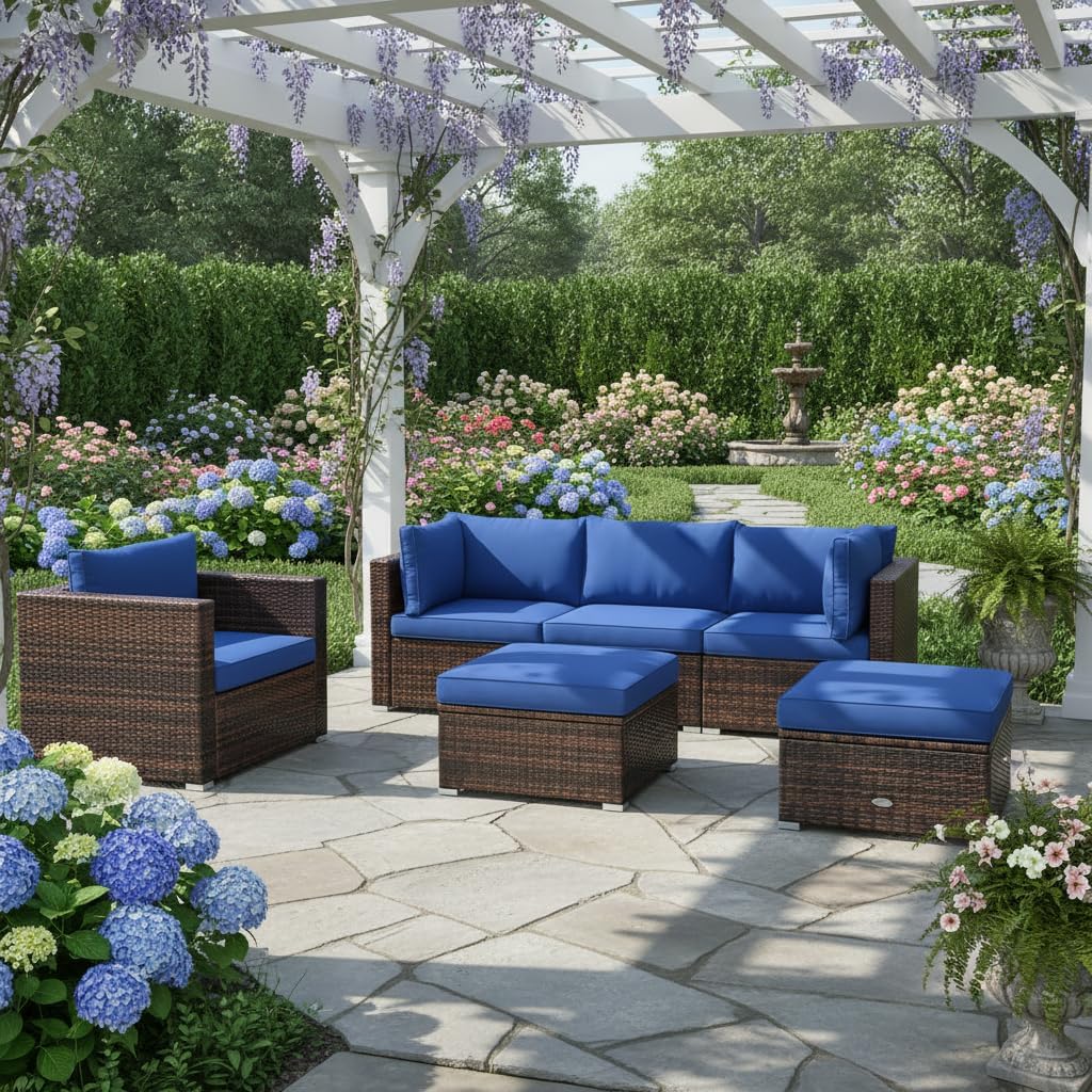 Tangkula 6 Pieces Wicker Patio Furniture Set, PE Rattan Outdoor Sectional Conversation Set with Glass Coffee Table & Ottoman, Wicker Sofa Set with Cushions for Yard Garden, Deck, Porch, Navy