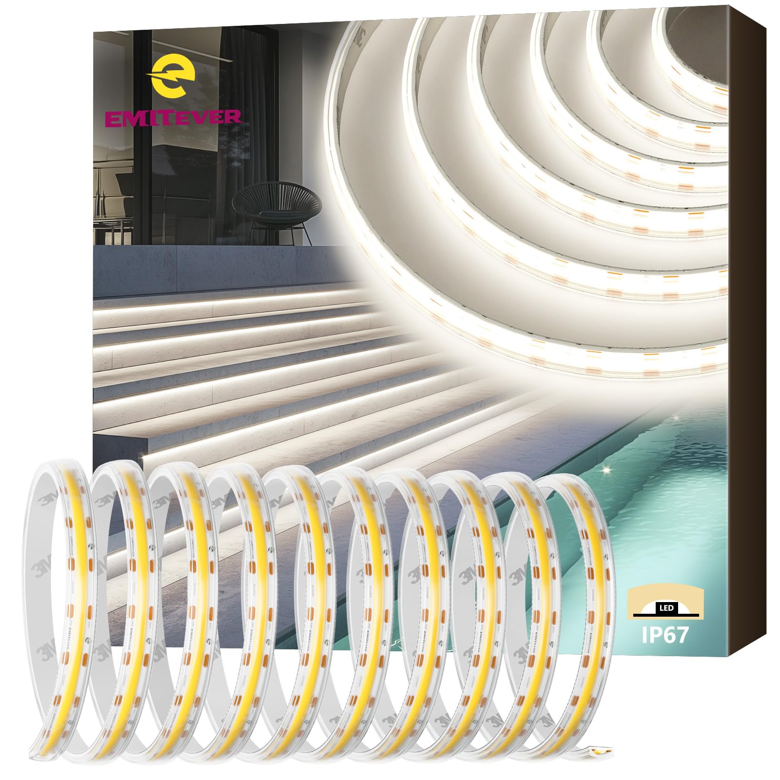 EMITEVER Tira LED COB Impermeable IP67 4000K Blanco Neutro Exterior 24V Regulable Silicona Alta Densidad 300+ Lm/m 2400LED 3W/FT