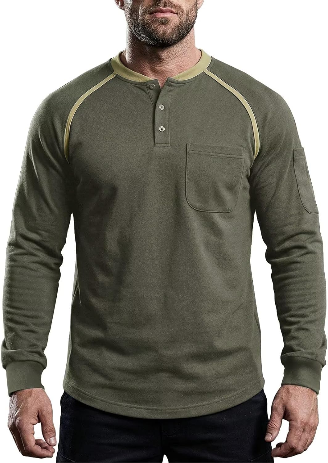 FR Shirts for Men 5.5oz Lightweight 100% Cotton Flame Resistant Henley NFPA 2112 CAT2 Work Shirt Dual Pockets