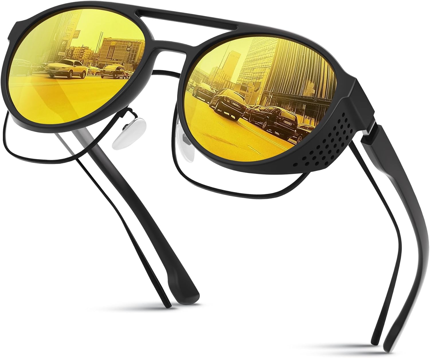 aviator steampunk polarized sunglasses for men/women, retro round sunglasses with side shield uv protection