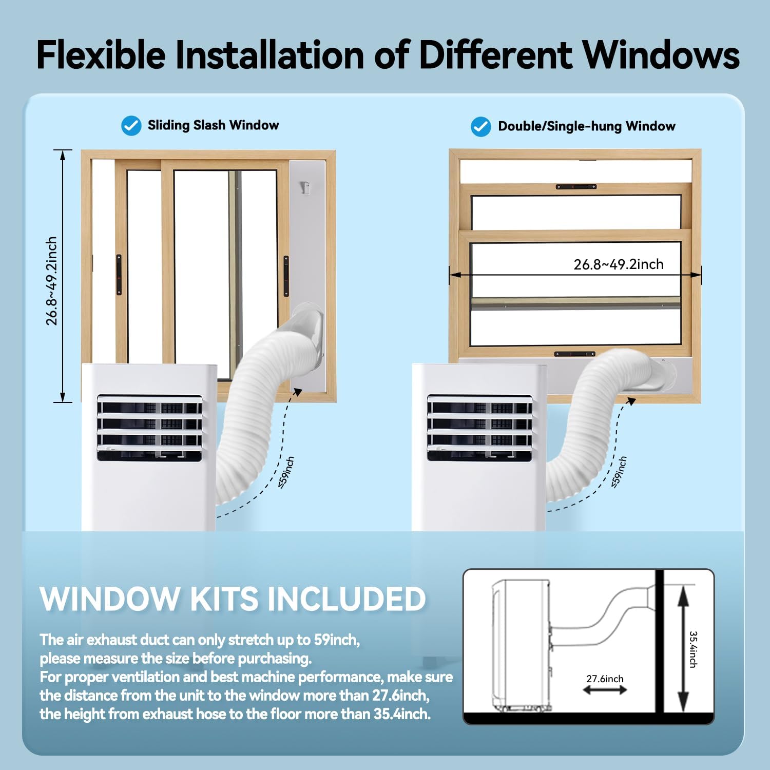 Diagram showing flexible window installation for Aoxun Portable Air Conditioner