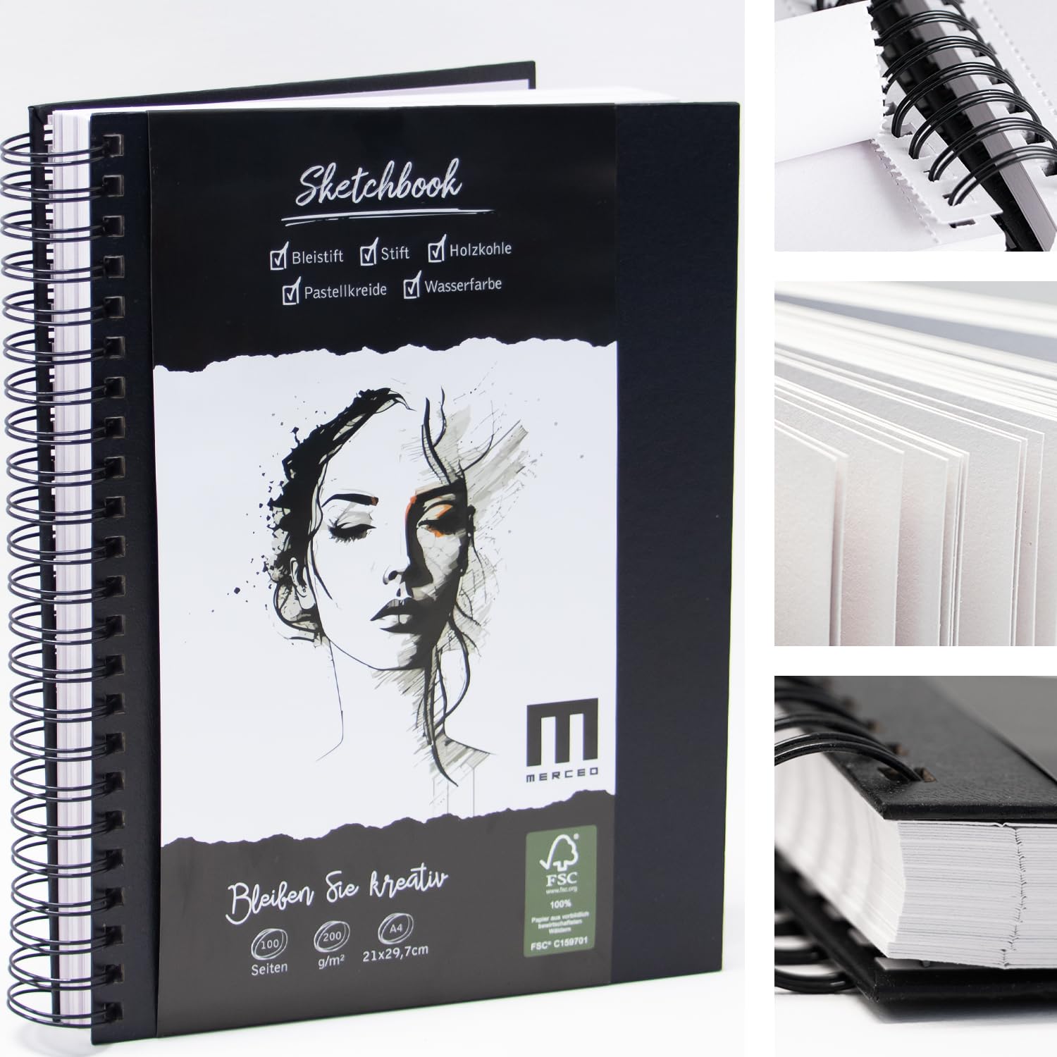 Skizzenbuch A4 200g/m² dickes Papier Spiralbindung - Sketchbook Malblock für Künstler & Designer - Ideal für Skizzen, Zeichnungen & Notizen (50 Blatt / 100 Seiten)