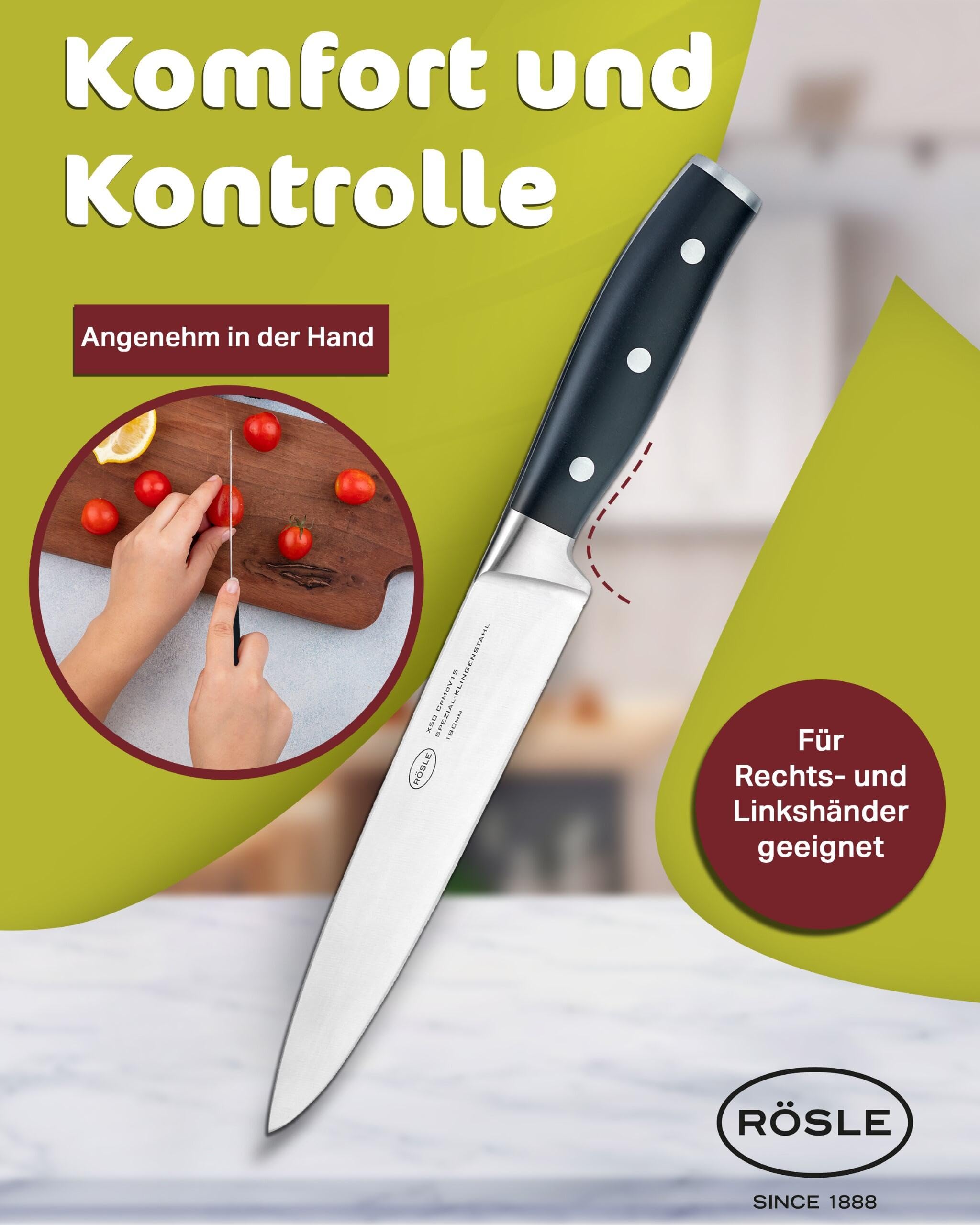 RÖSLE Fleischmesser Tradition 18 cm - Hochwertiges und scharfes Küchenmesser zum Schneiden von Fleisch und Tranchieren von Filets, ein scharfes Kochmesser mit ergonomischem Griff und Fingerschutz