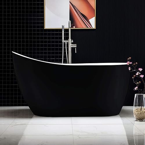 Vista 43 de WOODBRIDGE Bañera de acrílico independiente de 54 pulgadas, bañera negra de remojo contemporáneo con desbordamiento y drenaje negro mate, BTA1807-MB