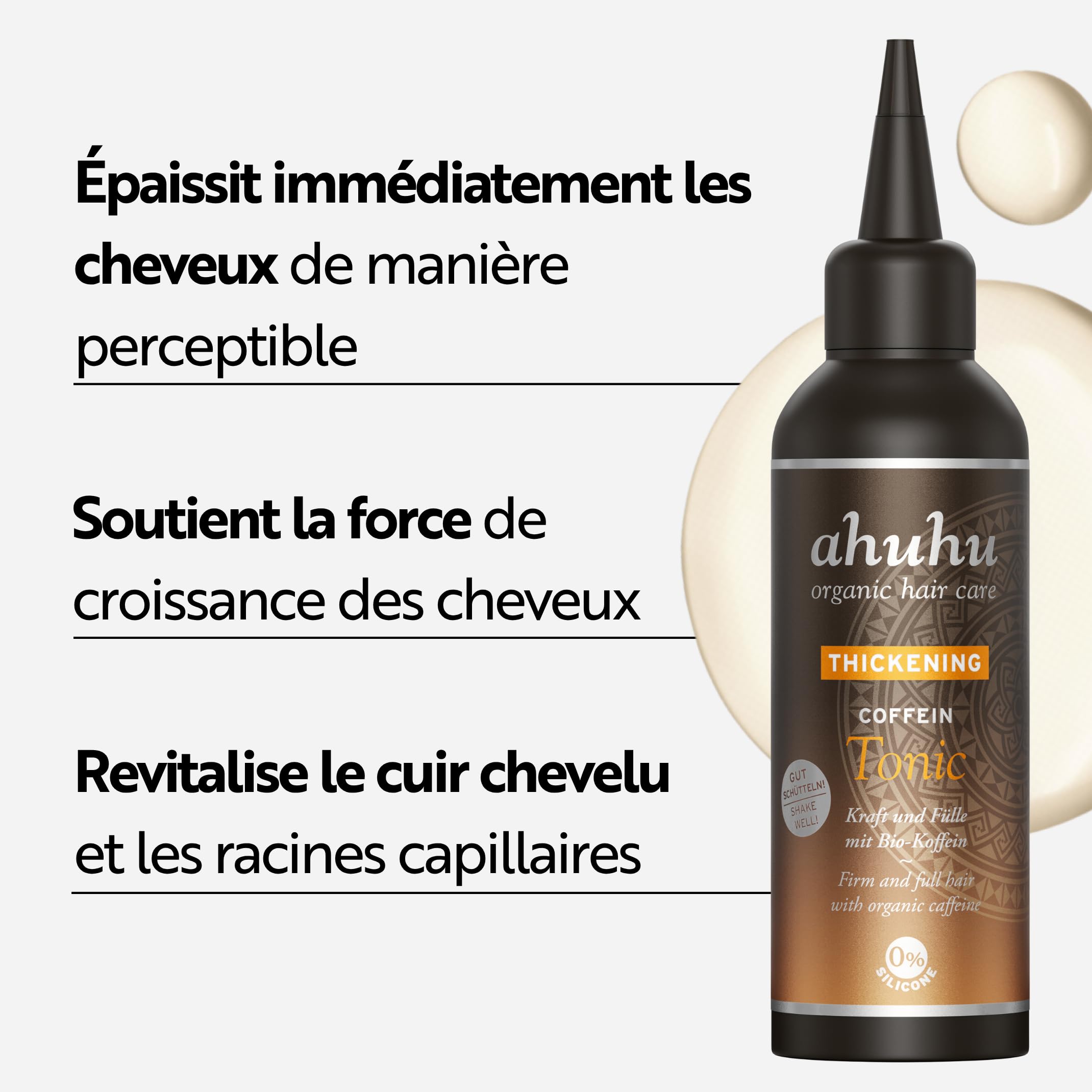 ahuhu THICKENING - Lotion tonique fortifiante à la caféine (100 ml). Épaissit et renforce le cheveu dès la racine