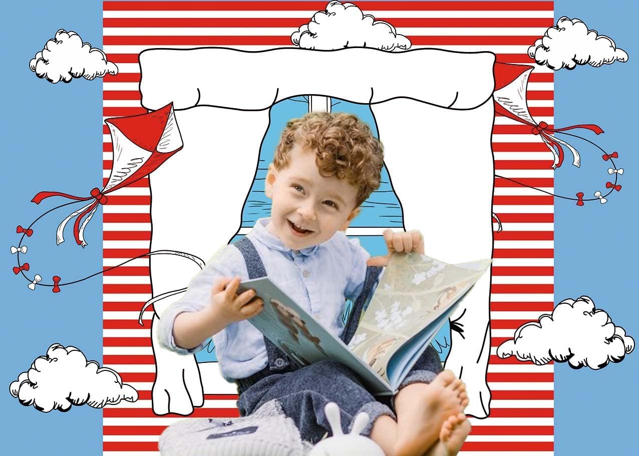 XCKALI Cartoon Window Kite Backdrop Red White Stripes Kid Birthday Photography Party Decoration 7x5FT