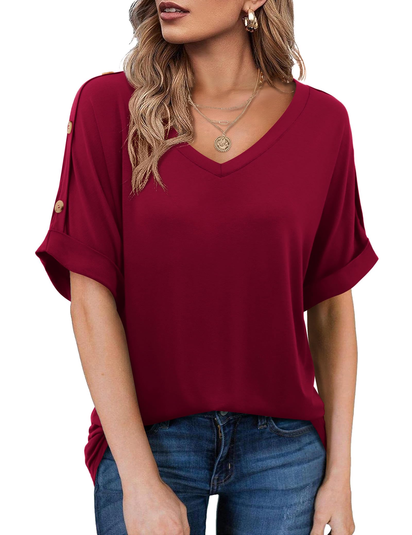 Beluring Womens Shirts Summer V Neck Short Sleeve Casual Button Tee Tops