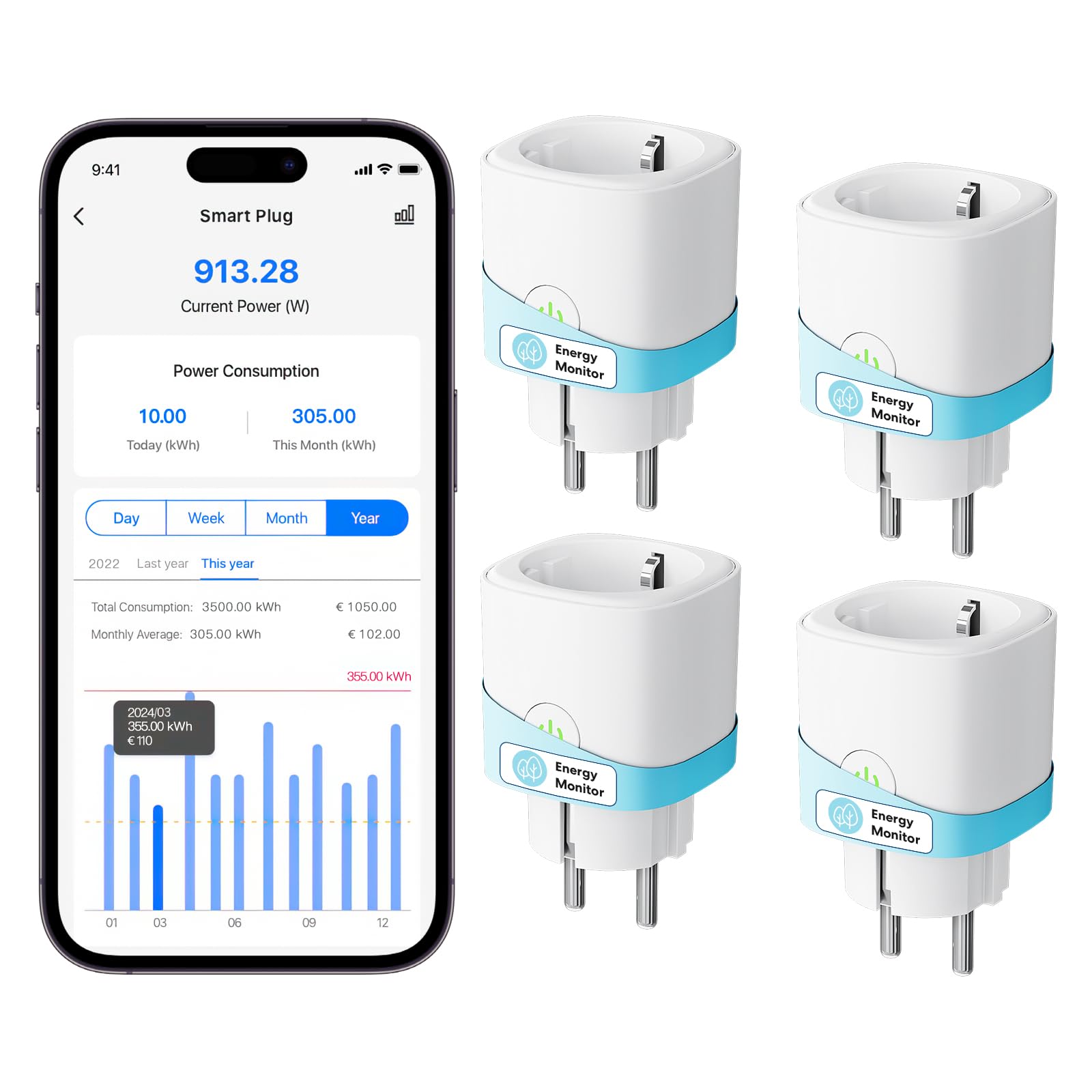 meross Meross Enchufe Inteligente con Monitor de Energía 16A con Mide el Consumo, WiFi Enchufe con Control Remoto y por Voz, Temporizador, Smart Plug Compatible con Alexa, Google Home y SmartThings, 4 Piezas