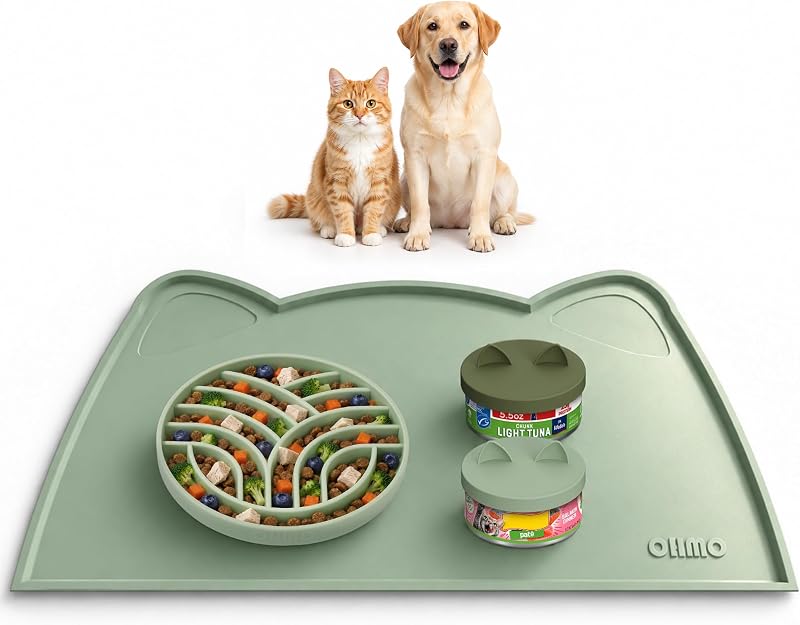 Tapete de Silicone para Comedouro de Gatos com Tigela Lenta e Tampas para Latas OHMO, Conjunto com 3 Peças