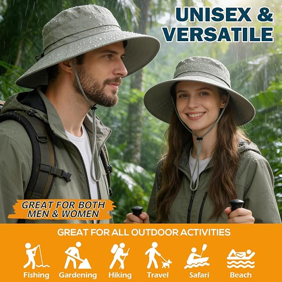 Men's UPF 50+ Waterproof Wide Brim Boonie Hat, Sun & Rain Protection