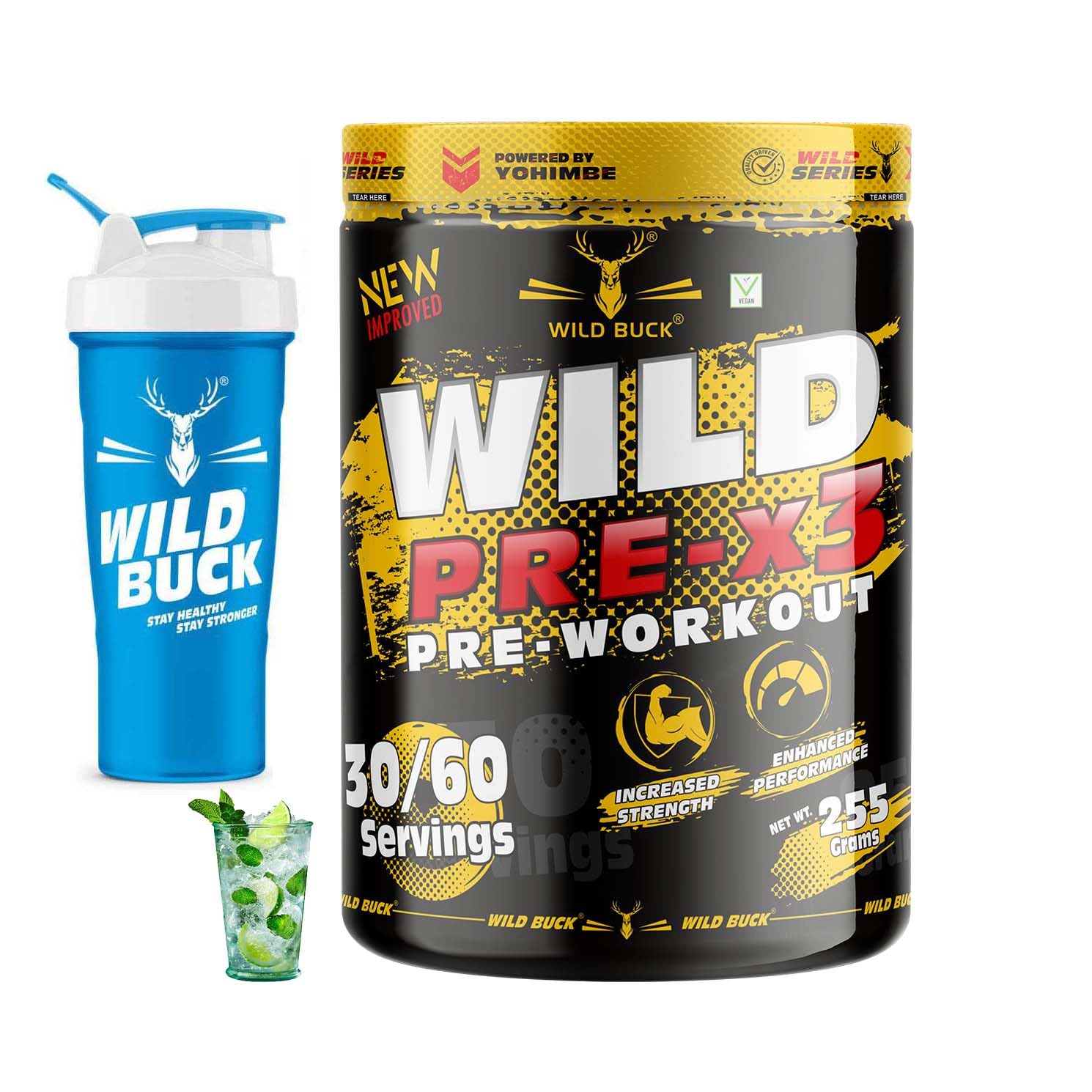 WILD BUCK Wild Pre-X3 Hardcore Pre-Workout Supplement With Creatine Monohydrate,Explosive Muscle Pump -For Men & Women [30-60 Servings,Virgin Mojito,255 G] Free Shaker Powder,2 Count