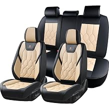Huidasource Seat Covers Full Set, Universal Fit for Most Cars SUV Trucks, Full Coverage Leather Seat Cover, Airbag, Cupholder Compatible, Seat Function Retain, Easy Install with Velcro, Black & Beige