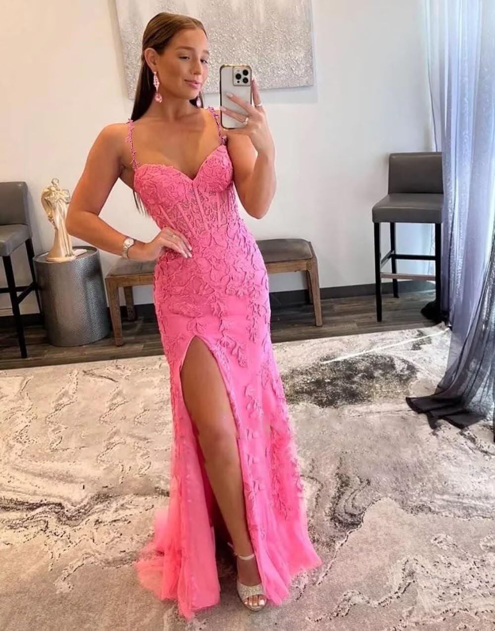 Mermaid Prom Dress for Women Long Tulle V Neck Lace Appliques Spaghetti Straps Formal Evening Gowns with Slit F117
