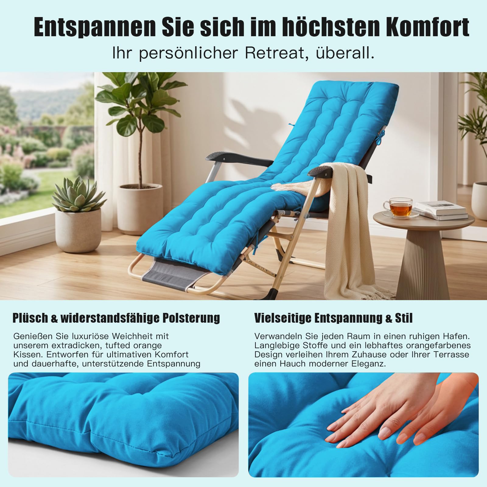 Bocguy Coussins pour Bains De Soleil，170x53x8 CM Chaise Longue Jardin，Matelas Transat Bain De Soleil Chaise Longue Exterieur pour Jardin Terrasse Balcon