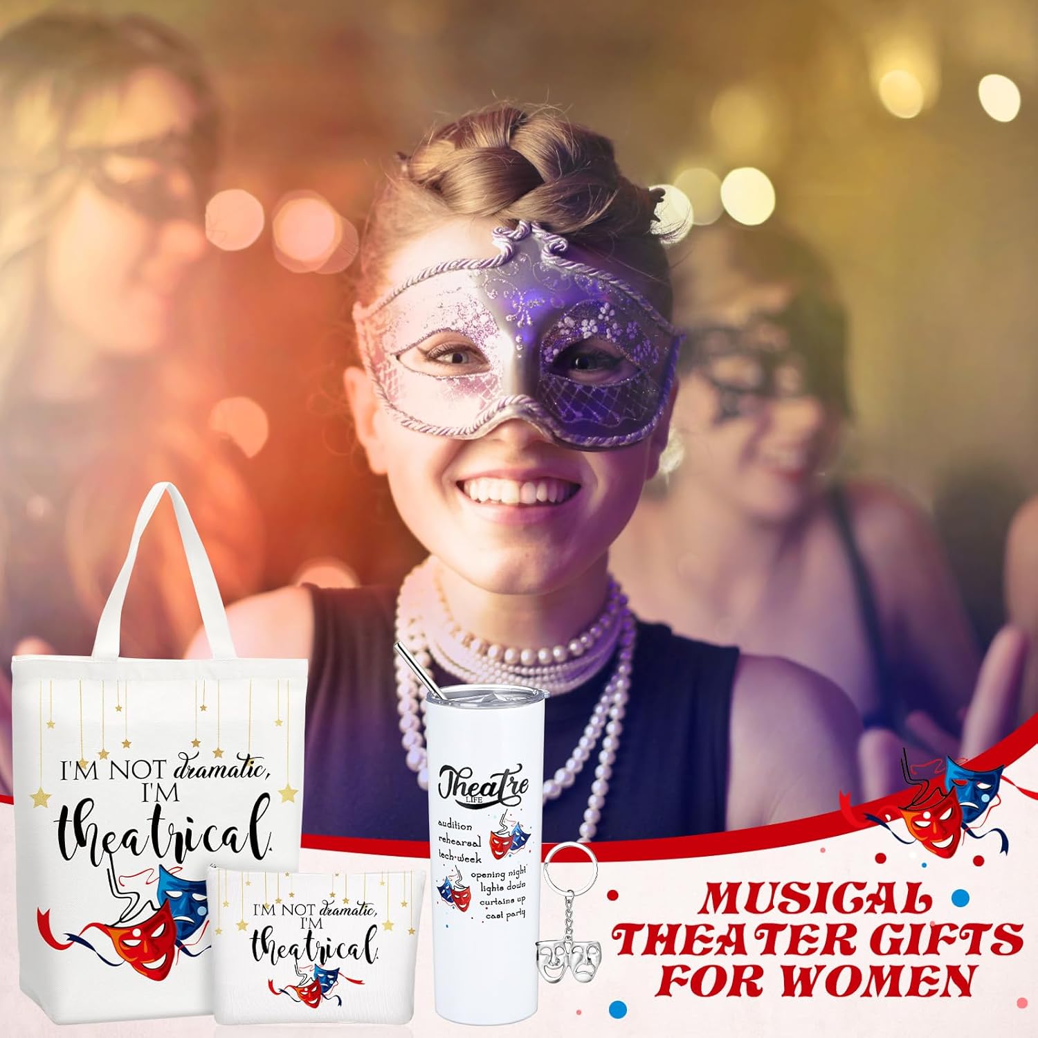 4 Pcs Theatre Gift for Women Includes Musical Comedy Mask Canvas Bag Makeup Bag Keychain 20 oz Tumbler with Lid and Straw Musical Theater Themed Teacher Appreciation Gift for Teacher Lovers - Image 6