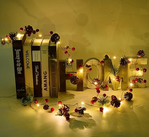 Miniatura 3 de Guirnalda de Navidad de 6.7 pies con luces, 20 luces LED con forma de cono de pino rojo y bayas, funciona con pilas, guirnalda de luces LED,