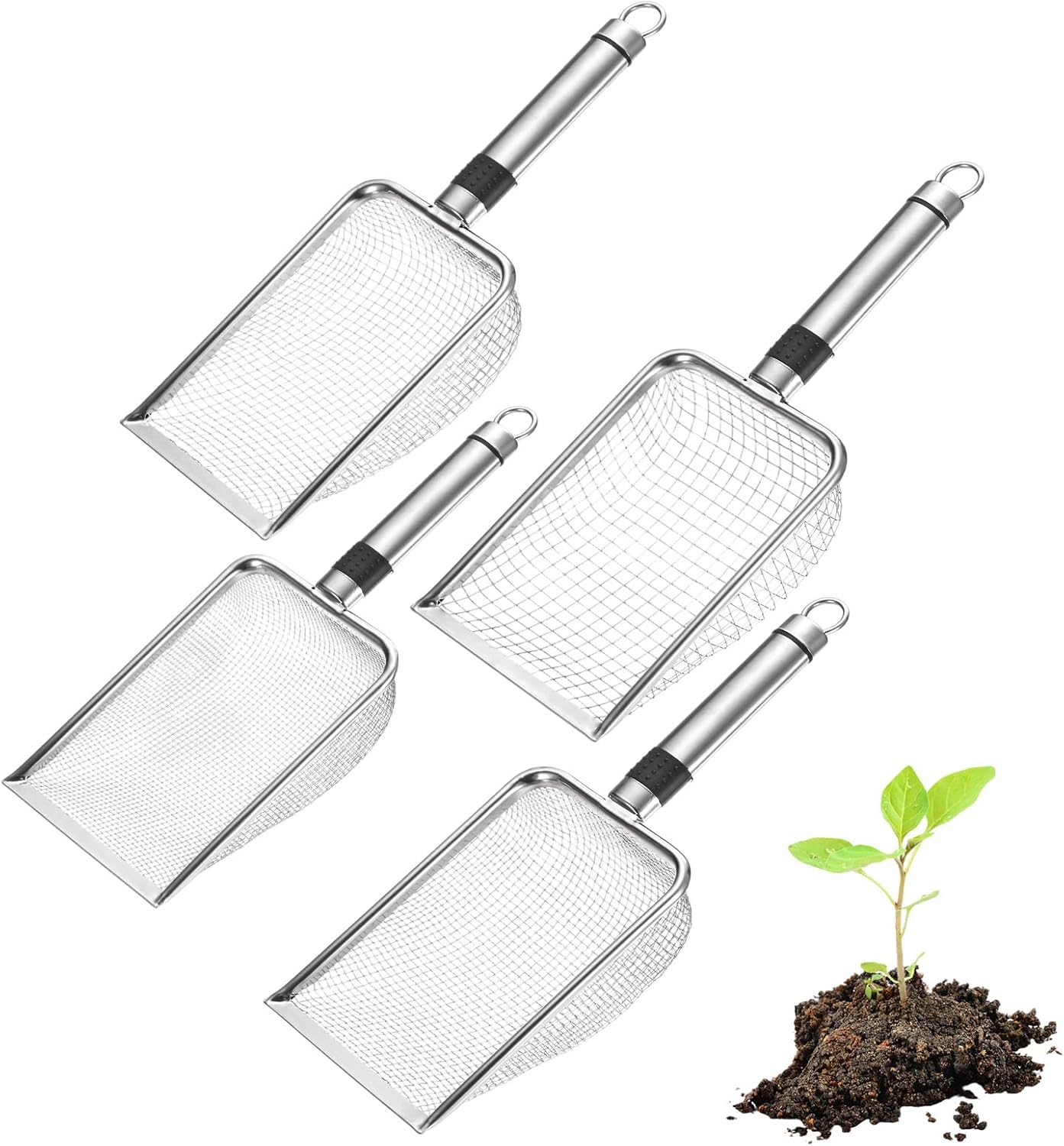M METERXITY 4-Pack Gardening Soil Sifter, 2.5/3.3/4/6 mm Mesh Stainless Steel Sand Soil Compost Sieve with Stainless Steel Handle for Sand/Dirt/Rock Compost [Silver Tone]