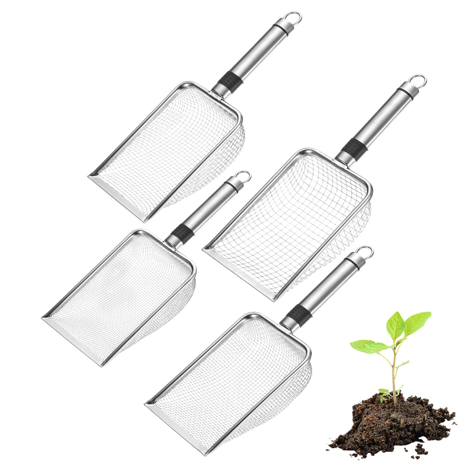 M METERXITY 4-Pack Gardening Soil Sifter, 2.5/3.3/4/6 mm Mesh Stainless Steel Sand Soil Compost Sieve with Stainless Steel Handle for Sand/Dirt/Rock Compost [Silver Tone]