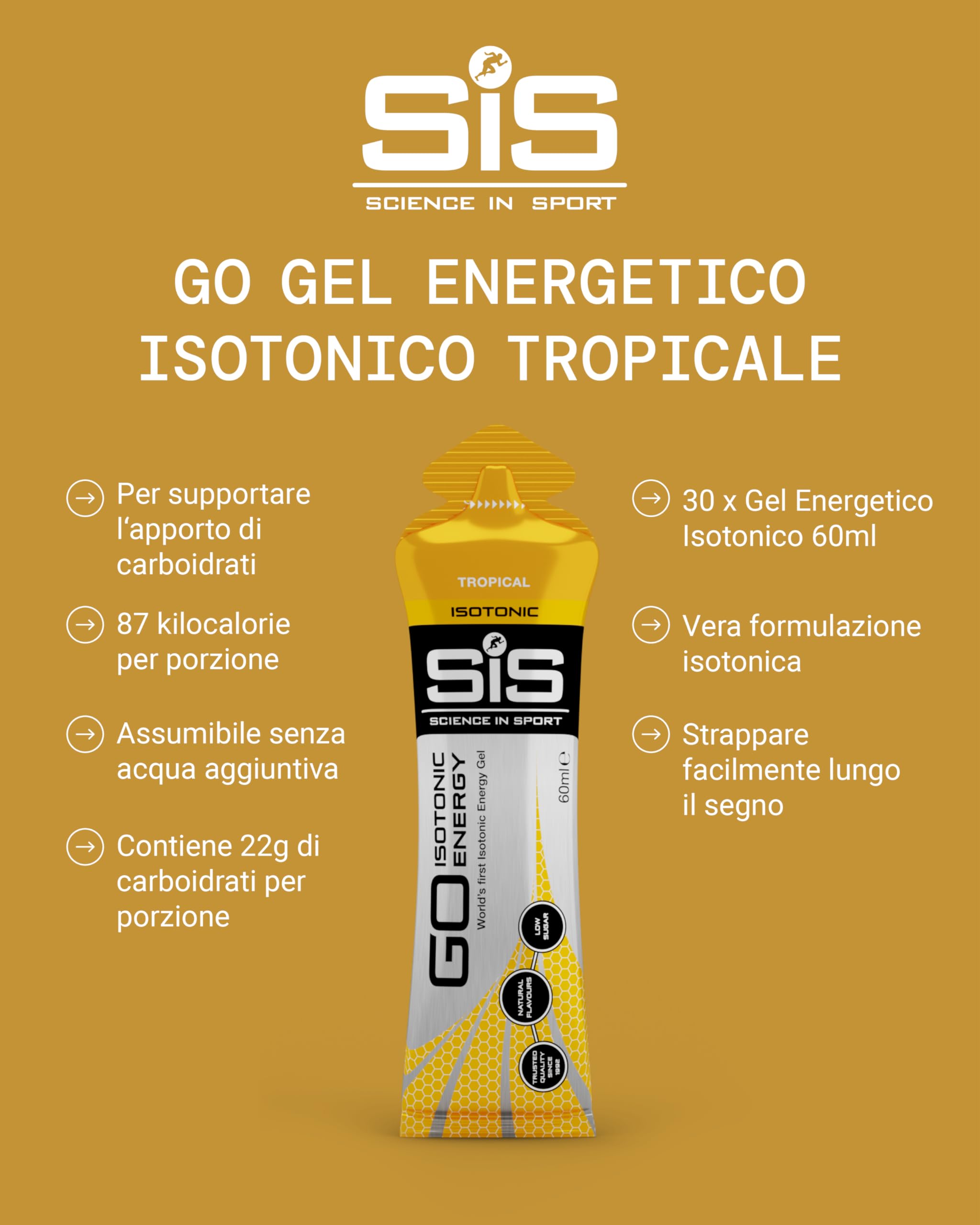 Science in Sport GO Energy Gel isotonico 30x60ml Frutti tropicali, Vegan - Formula isotonica con 22g di carboidrati, Buon apporto di energie, Ottima alternativa ai drink isotonici