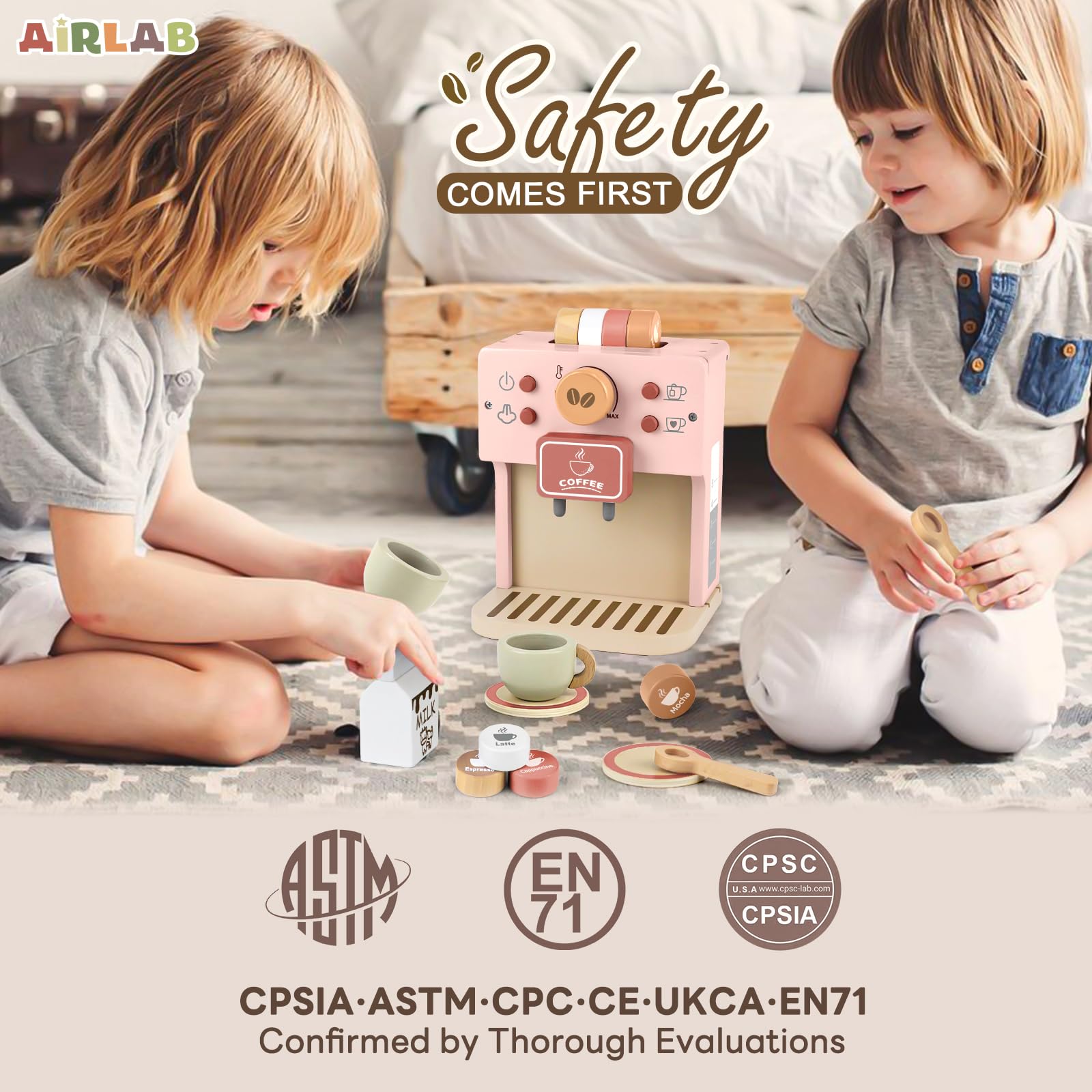 Airlab Drewniana Zabawka do Ekspresu do Kawy, Zestaw Akcesoriów Kuchennych dla Dzieci, Prezent na Urodziny 3-5+ lat