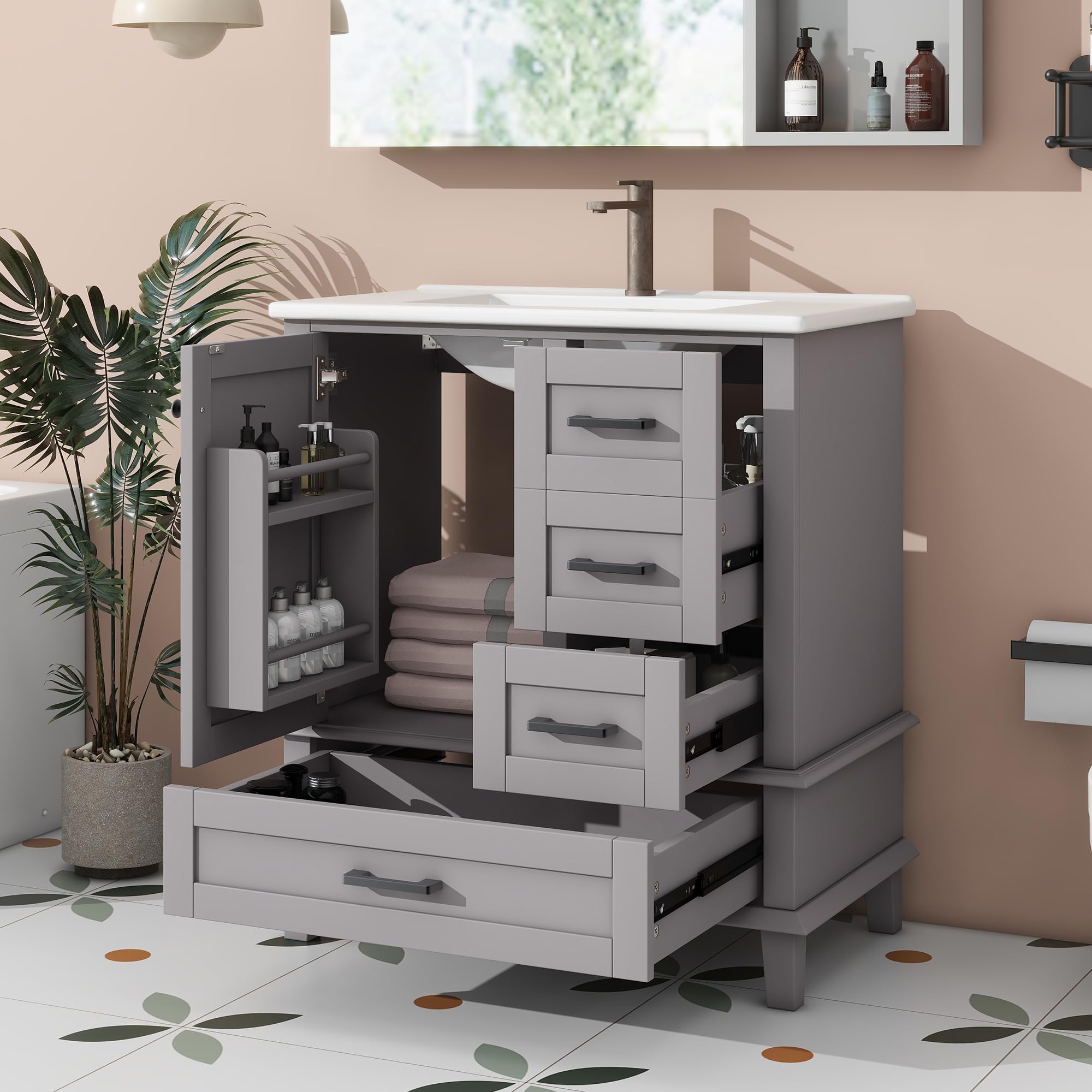 Armario de baño de pie Easexcy, 76 x 46 x 83,5 cm, lacado, estantería puerta, 3 cajones, lavabo cerámico integrado (gris)