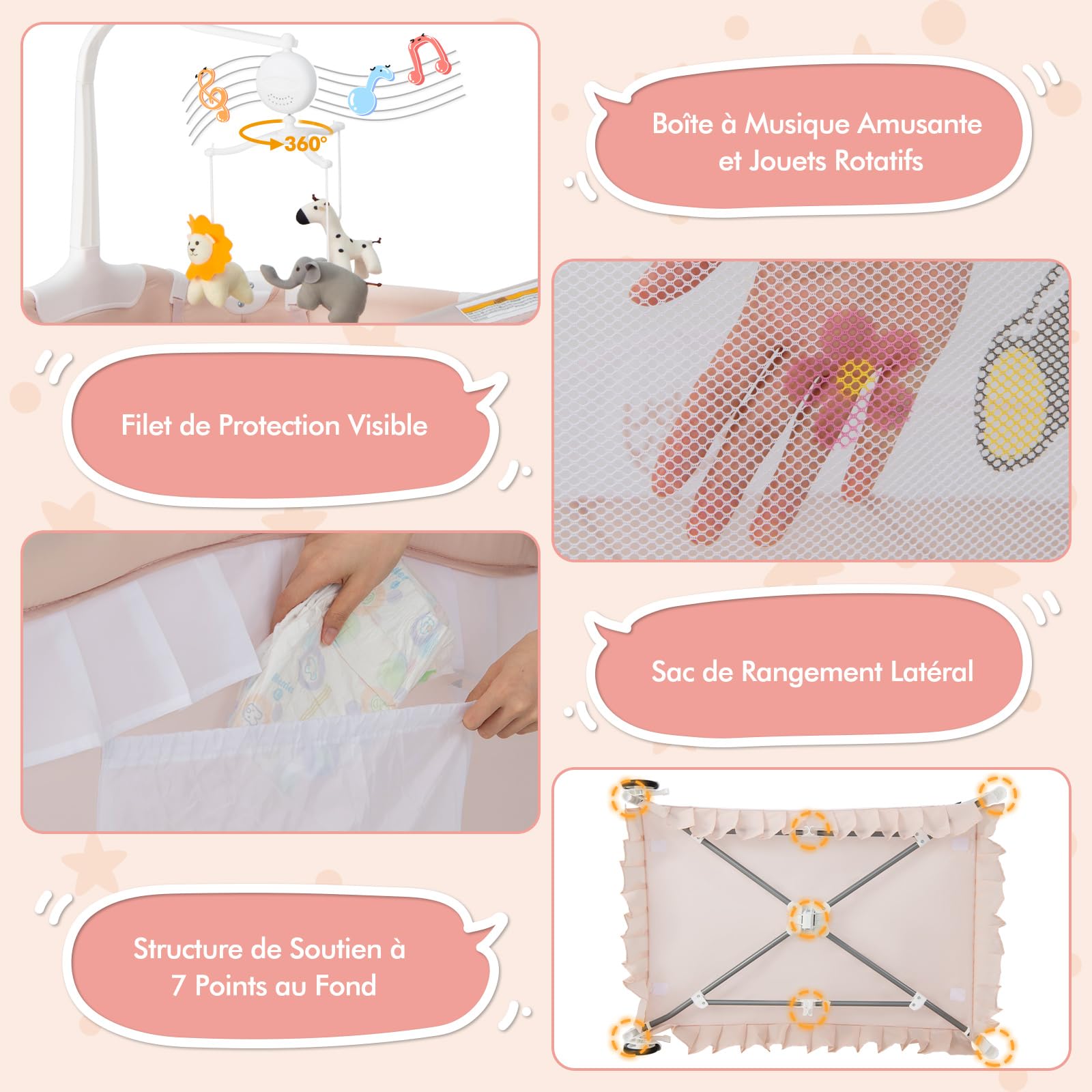 COSTWAY 4 en 1 Lit Parapluie Bébé avec Matelas et Filet Détachable, Lit Bébé Évolutif Pliable avec Table à Langer, Style Princesse, Boîte à Musique et Jouets pour Bébé de 0-3 Ans